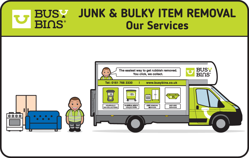 Junk Removal and Bulky Waste Collection. Side Image of the Sign Written Busy Bins Luton Van facing to the right with the Busy Bins Character at the rear of the van ready to load an oven, wardrobe and sofa. 