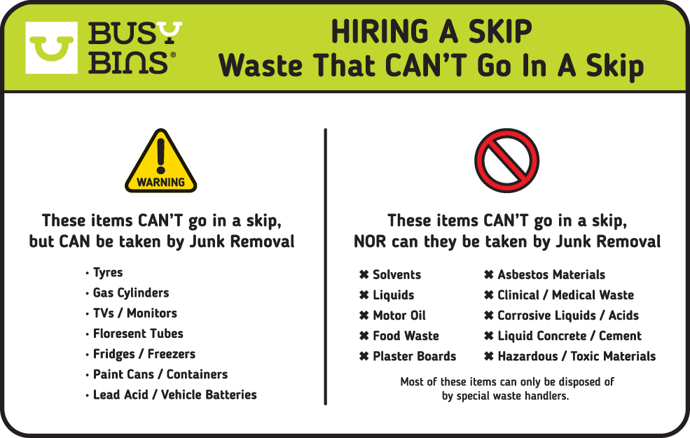 Hiring a Skip. List of Items of waste that can't go into a skip. 