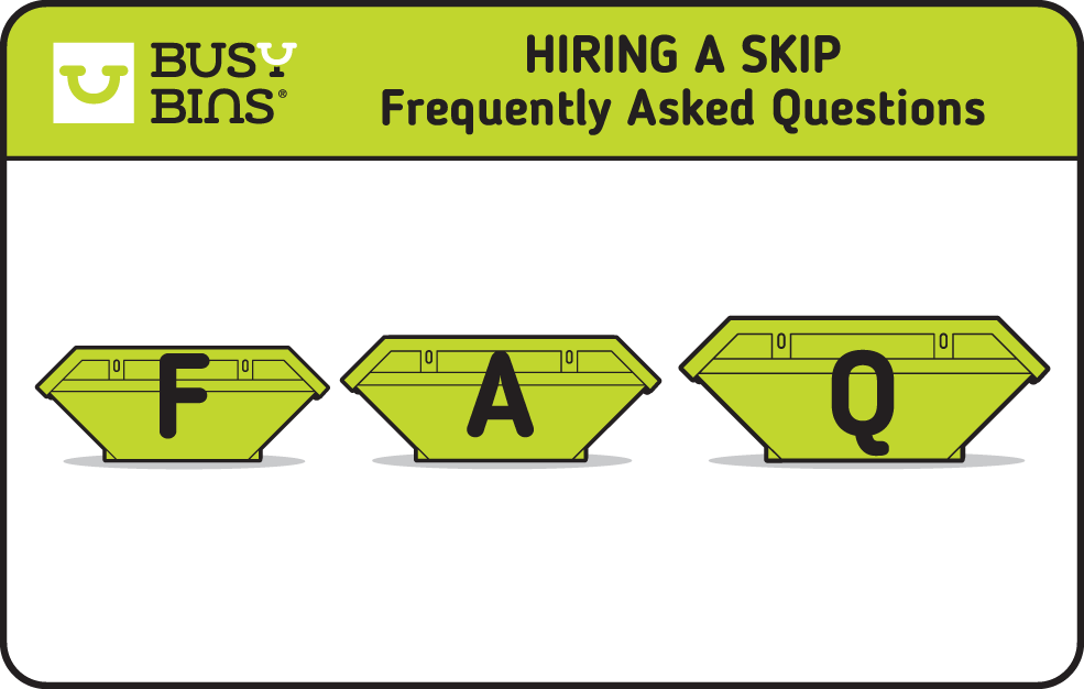 Skip Hire Frequently Asked Questions (FAQs) Image below of 3 Skips. With Large F on Green Skip with Large A on another Green Skip and finally another Green Skip with Large Q on.