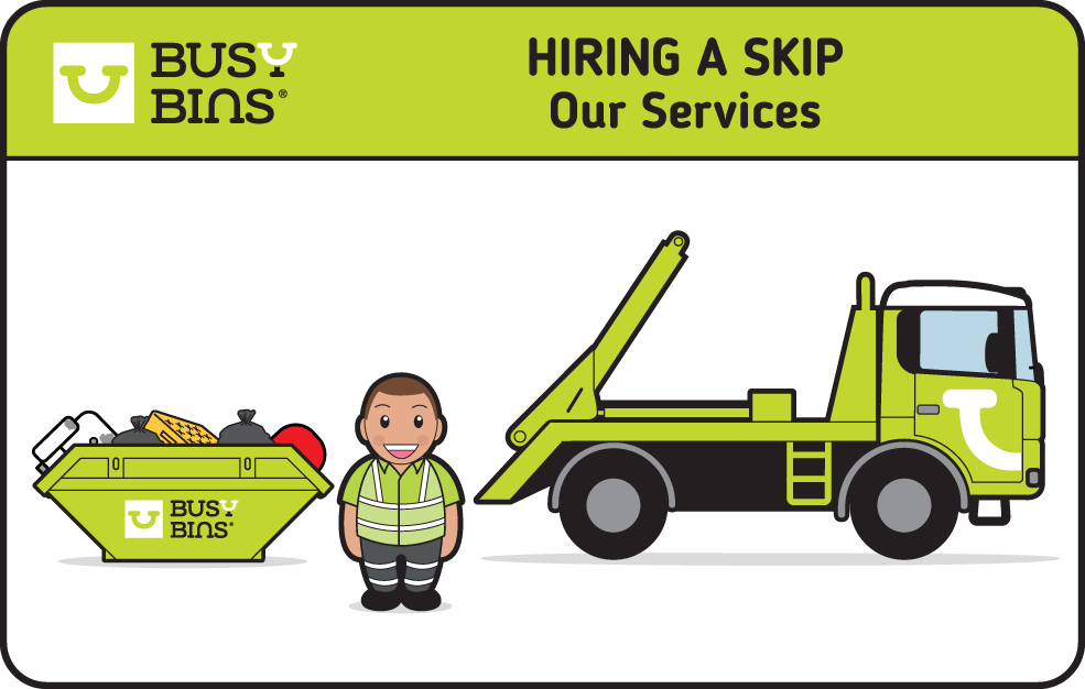Skip Hire Service. Side Image of the Sign Written Busy Bins Skip Hire Wagon facing to the right with the Busy Bins Character at the rear of the wagon ready to load a full skip onto the back. 