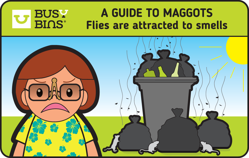 Flies are attracted to smells. Image of a woman in a bright yellow dress with green flowers. She has a peg on her nose and a grimace on her face as in the background is a bin that's stinking in the sunshine. The bin is overflowing and swarmed in flies with rats at the base. Busy Bins