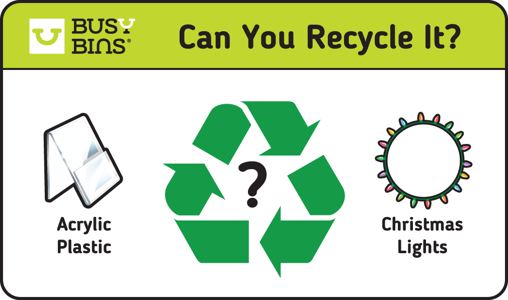 Can You Recycle It? Can It Be Recycled? Illustrated graphic with a large green recycling symbol with a question mark in the middle. Includes an image either side of acrylic plastic and Christmas lights as examples of items included in the text below. 