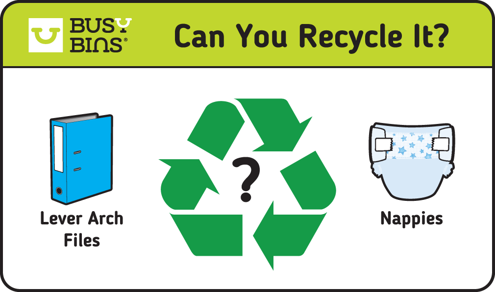 Can You Recycle It? Can It Be Recycled? Illustrated graphic with a large green recycling symbol with a question mark in the middle. Includes an image either side of a lever arch file and a nappy as examples of items included in the text below. 