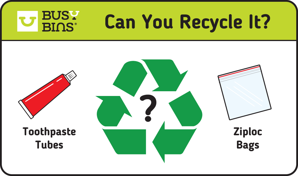 Can You Recycle It? Can It Be Recycled? Illustrated graphic with a large green recycling symbol with a question mark in the middle. Includes an image either side of a toothpaste tube and a ziploc bag as examples of items included in the text below. 