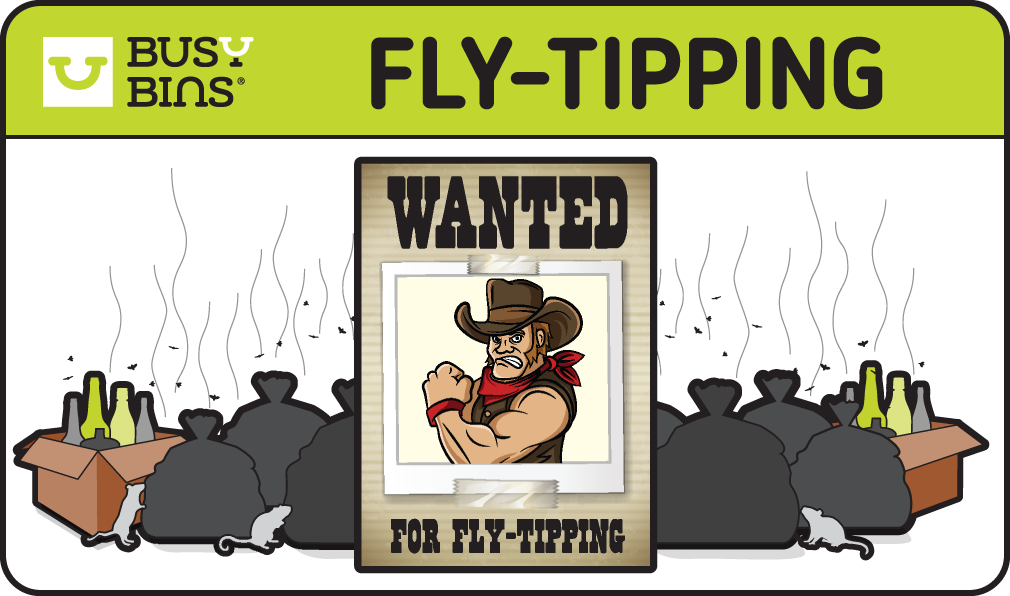 Fly-Tipping. Image at the foreground of a Wanted Poster denoting a 