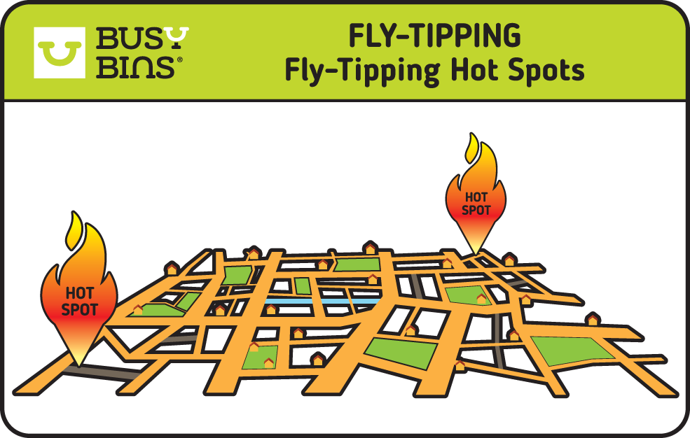 Fly-Tipping Hot Spots. Simplified image of a town map with flames coming up from the picture to show the hot spots where people fly-tip. 