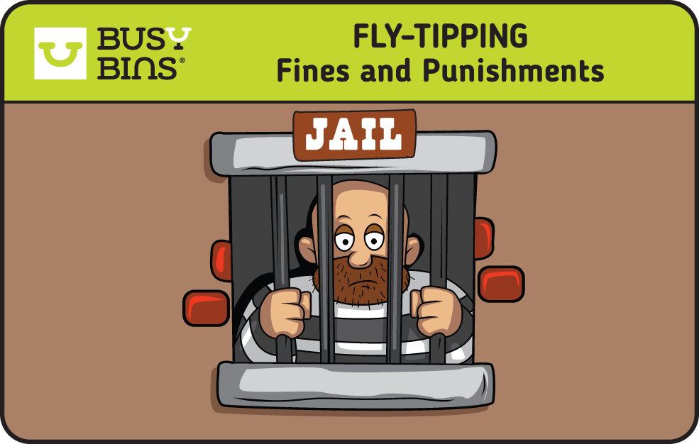Fly-Tipping Fines and Punishments. Bald prisoner with a beard in a black and white jumper holding onto the prison bars and looking outwards with a sad expression. 