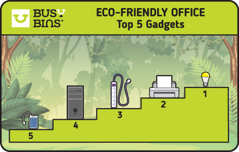 Top 5 eco friendly gadgets. 5 electrical items on a 5 tier podium. Jungle setting in the background.