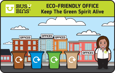 Eco Friendly Office. 4 different coloured recycling bins outside on the road with offices in the background. Member of Busy Bins staff stood next to the bins, 