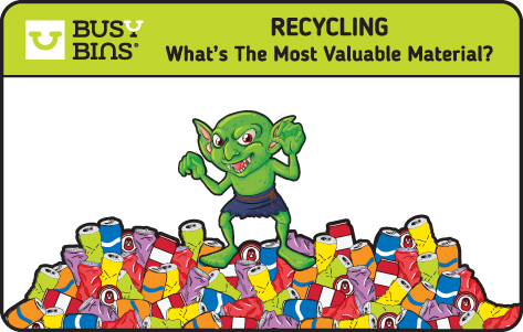 Recycling, what's the most valuable material? An image of gollum on top of a pile of aluminium cans. 