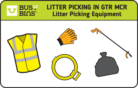 Litter Picking Groups in Greater Manchester. Litter Picking Equipment is displayed and includes a hi viz vest, a pair of orange gloves, a litter picker with an orange handle, a yellow litter picking hoop and a bin bag. Busy Bins