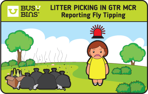 Litter Picking Groups in Greater Manchester. An image of a park setting with trees in the background. At the front is a pile of fly-tipped waste which includes, bin bags, boxes, bottles and also rats and flies. Next to the fly-tipped waste is a member of the public in a yellow dress with an angry expression on her face and hovering above her head is a flashing red light to denote anger and bringing attention to the fly-tipped waste. Busy Bins