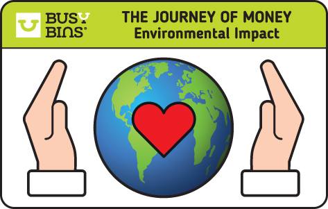 The Journey of Money. Environmental Impact. A globe with a red love heart on top of it with two large hands embracing the globe to show the  positive impact on the environment. 