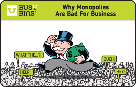 Why Inequality in Society is Bad for Business. Image Title: Why Monopolies are Bad for Business. Image of a giant monopoly man character from the boardgame, holding his hat, with a bag of money in his hand running over all the small people who are screaming out with captions such as 