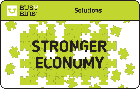 Why Inequality in Society is Bad for Business. Title: Solutions. Image of a Green Jigsaw puzzle with the words stronger economy on it with loose jigsaw pieces around the side. 