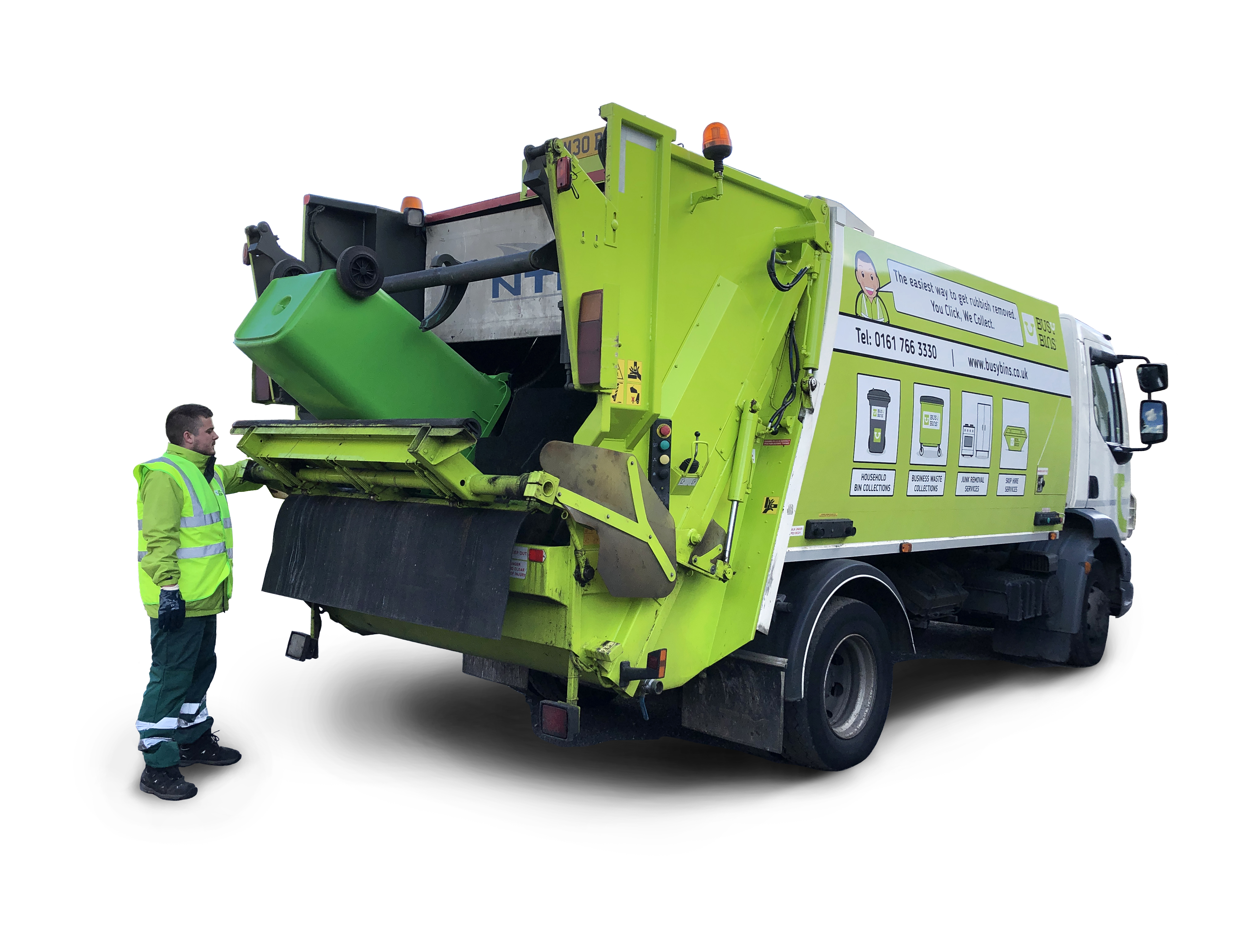 A photograph of the Busy Bins Bin Wagon in Action. Picture is taken at the back of the Bright Green Bin Truck with owner Josh Morris emptying a green 240L wheelie bin looking into the back of the truck. Josh is in full uniform and hi viz vest. Picture of the bin wagon is without a background. 