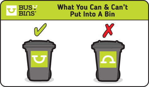 What You Can and Can't Put Into a Bin. Image of two grey household sized wheelie bins side by side in the image. One with a cross and a smiley face and one with a cross and sad face.