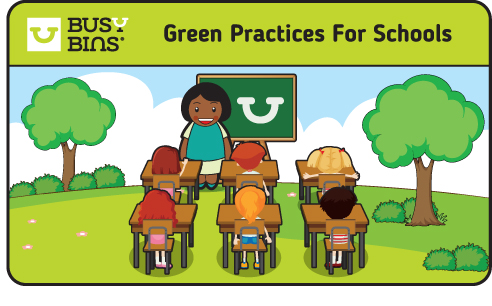 Green Practices for Schools. Busy Bins. An image of a classroom set in the outdoors. Six desk with students backs towards the viewer but facing the teacher at the front of the class. The teacher is stood in front of a blackboard with the Busy Bins Logo on. Two Trees in the background with the students at desks on the grass. 