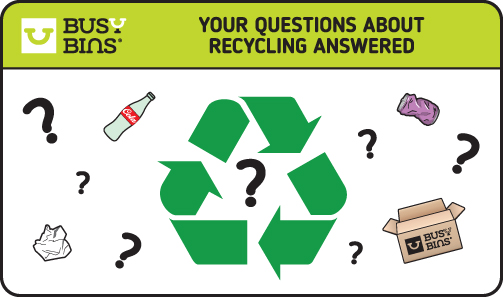 Your Questions about Recycling Answered. Green Mobius Loop Recycling Image in the centre of picture with black question mark in the middle. Surrounded by recycling items like a glass bottle, metal can, cardboard box and 6 other question marks. 
