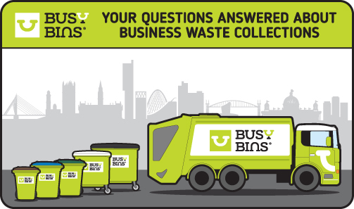  A graphic showcasing Busy Bins waste collection services with text inviting questions about business waste collections. The image include a Busy Bins bin truck side facing in front of 5 different sized bins with different coloured lids. In the background is a city landscape with outlines of famous UK buildings. 