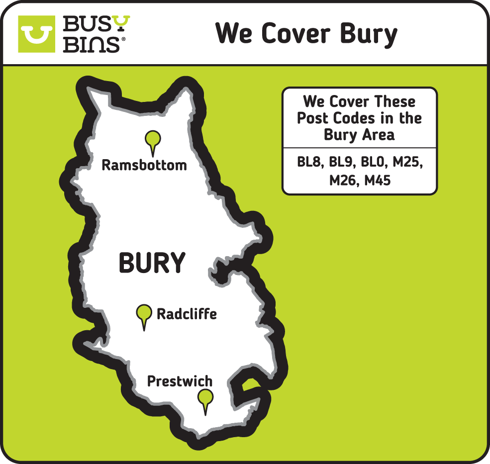 We cover Bury map. White map on a green background of the borough of Bury operating area. We cover the postcodes BL8, BL9, BL0, M25, M26, M45