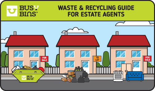 Waste disposal and recycling guide for real estate agents, indicating proper sorting of items outside houses for sale or rent.