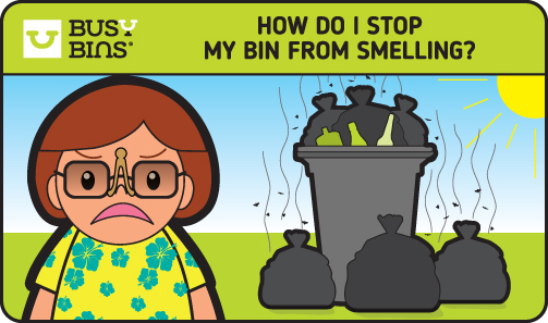 Cartoon of a person with a clothespin on their nose next to a smelly, overflowing trash bin under the sun. Text reads, 
