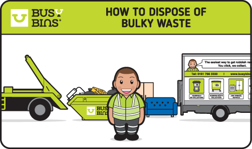 Illustration of a person in green safety gear standing between a skip truck and a service truck from Busy Bins, explaining how to dispose of bulky waste.