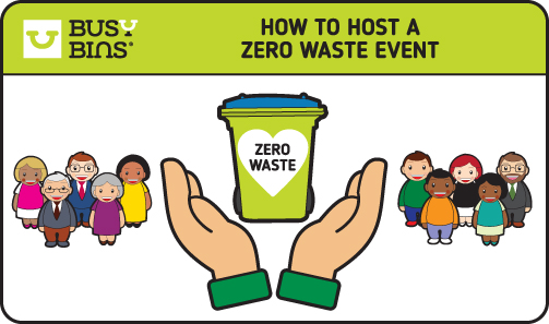 Illustration of diverse group of people and hands holding a zero waste bin. Text: 