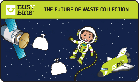 Cartoon of an astronaut and spacecraft collecting trash bags in space, with the text 