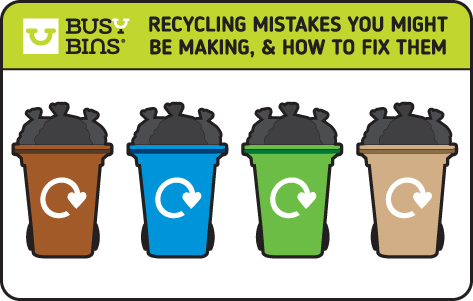  Four colorful recycling bins filled with trash, featuring circular arrows with heart symbols. Text above reads, "Recycling Mistakes You Might Be Making, & How to Fix Them.