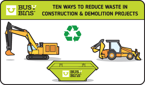 Illustration of construction vehicles, a recycling symbol, and a waste bin with text: "Ten Ways to Reduce Waste in Construction & Demolition Projects.