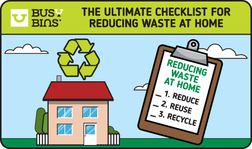  Illustration of a house with a recycling symbol, titled "The Ultimate Checklist for Reducing Waste at Home," showing a checklist: "1. Reduce, 2. Reuse, 3. Recycle.