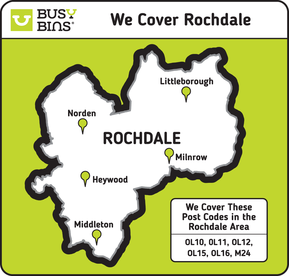 We cover Rochdale map. White map on a green background of the Rochdale council operating area. We cover the postcodes OL10, OL11, OL12, OL15, OL16, M24